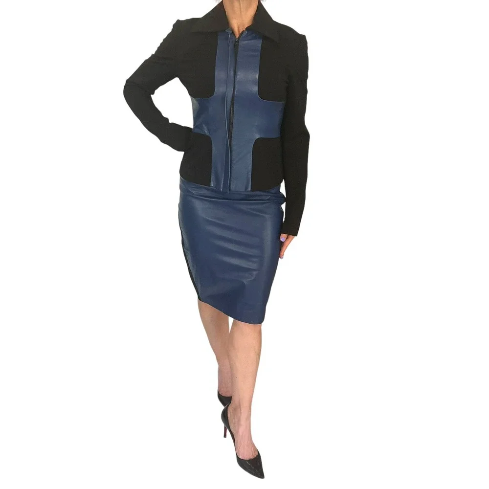 ROBERT RODRIGUEZ  SCUBA NAVY LEATHER COLORBLOCK MOTO JACKET SKIRT SUIT SET 2/4